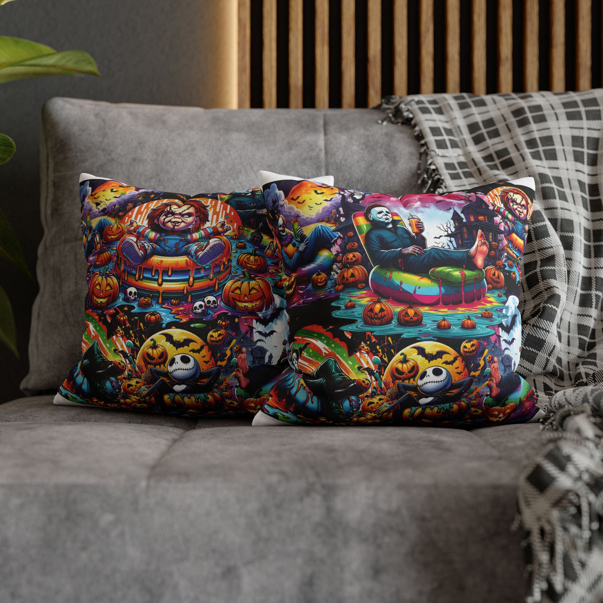 Halloween Horror Pillowcase — Colorful Spooky Pumpkin & Skeleton Decor