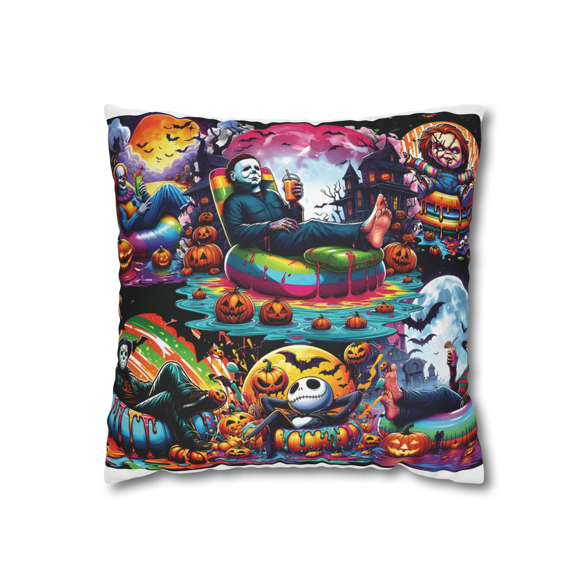 Halloween Horror Pillowcase — Colorful Spooky Pumpkin & Skeleton Decor