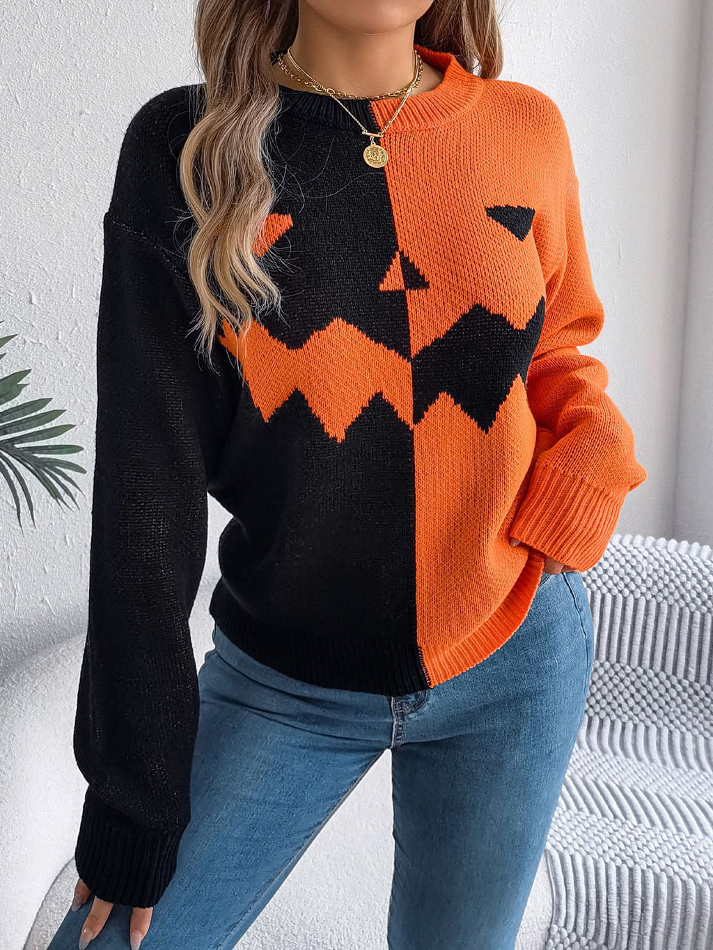 Contast Color Halloween Contrast-color Pullover Sweater Fashion Long Sleeve Knitted ...